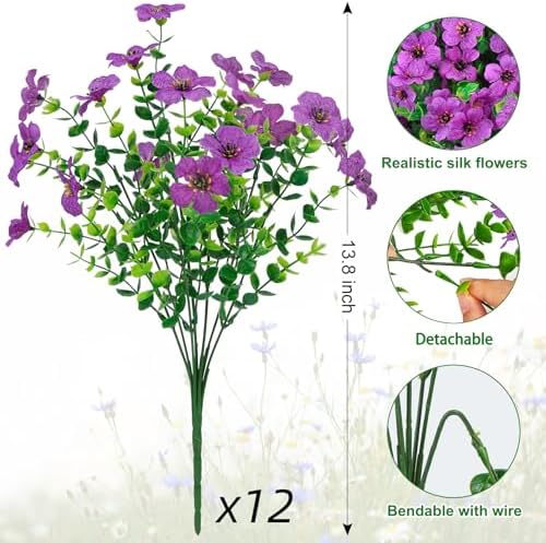 Ouddy Decor 24 Pcs Artificial Flowers for Outdoors Decorations, Purple - Image 2