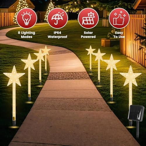 Solar Christmas Decorations Outdoor-8 Pack 64 Warm White LED Star Pathway Lights with 8 Modes IP64 Waterproof Xmas Decoration for Garden Patio Yard Porch Driveway - Image 2