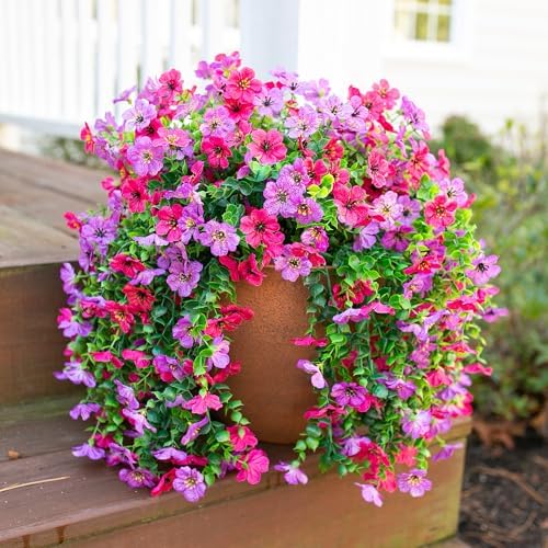 HyeFlora 2Pcs Fake Flowers Artificial Floral for Outdoors Decorations, Outside Flower Decor, UV Resistant Silk Flower for Front Porch Patio Garden(Purple and Hotpink) - Image 6