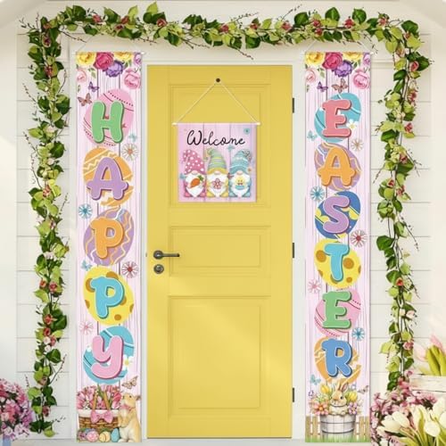 VitalCozy 3pcs Easter Porch Banner Set - Welcome Door Cover with Bunny, Egg & Daisy Designs, Spring Holiday Wall Hanging Decorations for Home, Office & Farmhouse Front Door - Image 3