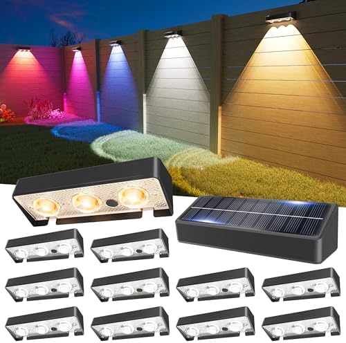 JOFIOS Solar Fence Lights 12 Pack, Warm White, Cool White and RGB Color Glow LED Solar Light, IP65 Waterproof Fence Lights Solar Powered for Patio, Backyard, Railing, Deck and Wall by JOFIOS