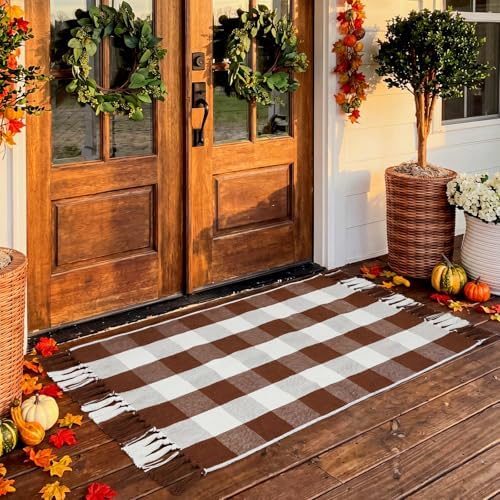 Breling 28" x 43" Fall Outdoor Porch Rug Brown and White Plaid Door - Image 5