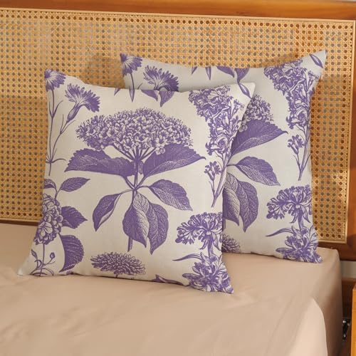 Purple Pillow Covers 16x16 Inch 2 Pcs Boho Vintage Floral Decor Throw Pillows Hydrangea Flower Seasonal Outdoor Farmhouse Neutral Accent Decoration Pillowcase Linen Cushion Cover for Sofa - Image 2