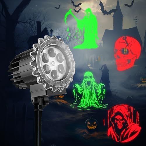 Halloween Projector Lights Outdoor Indoor - 3D Dynamic Red & Green Skull Ghost Skeleton Projector Decorations Lights, Waterproof Halloween Party Light for Window, Garden, Ground, Roof,Halloween Decor by Pocrsret