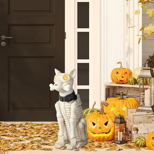 Glitzhome Halloween Porch Decorations, Lighted Halloween Front Porch Standing Sign Decor with Timer, MGO Skeleton Dog Sign for Indoor Patio Party, 20.5" H - Image 5