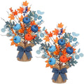 Yinder 2 Pack Lighted Fall Tree 18" Blue Orange Fall Thanksgiving Decor with LED Lights Battery Operated Artificial Eucalyptus Pumpkins Autumn Centerpiece for Harvest Halloween Fireplace Home Decor by Yinder