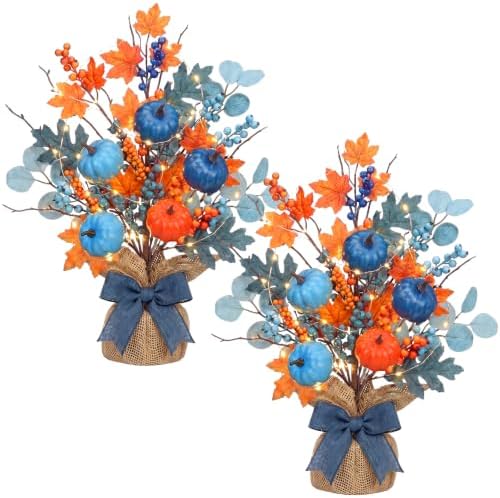 Yinder 2 Pack Lighted Fall Tree 18" Blue Orange Fall Thanksgiving Decor with LED Lights Battery Operated Artificial Eucalyptus Pumpkins Autumn Centerpiece for Harvest Halloween Fireplace Home Decor by Yinder