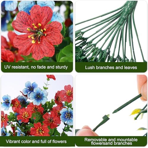 Artificial Faux Hanging Flowers Plants for Spring Outdoor Outside Decoration, 2 PCS Fake Silk Daisy with Eucalyptus UV Resistant Realistic Trailing Vines for Balcony Patio Porch (BlueRed) - Image 3