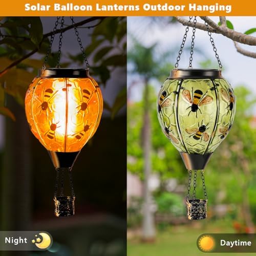 Starsoul Hot Air Balloon Solar Lantern Bee Glass Hanging Outdoor Hot Air Balloon Solar Flickering Flame Light Waterproof Garden Patio Yard Party Decorations - Image 2