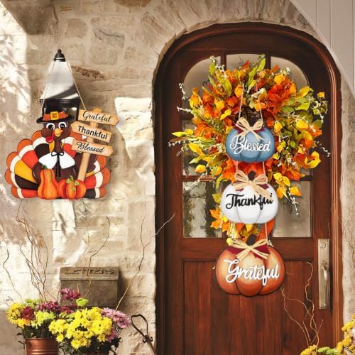 Thanksgiving Decoration Wood Pumpkin Turkey Door Wall Wreath for Front Door Sign Thankful Blessed Grateful, Pumpkin Sign for Fall Autumn Harvest Home Thanksgiving Party Outdoor Halloween Decoration - Image 6