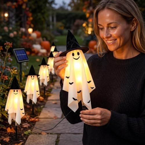 Solar Ghost Lights for Outdoor Halloween Decoration, 6 Pcs Solar Witch Ghost Stake Lights, Smiling Ghost Witch Hat Print Lights, Pathway Lights for Outside Garden Patio Yard Lawn Party Ghost Decor - Image 4
