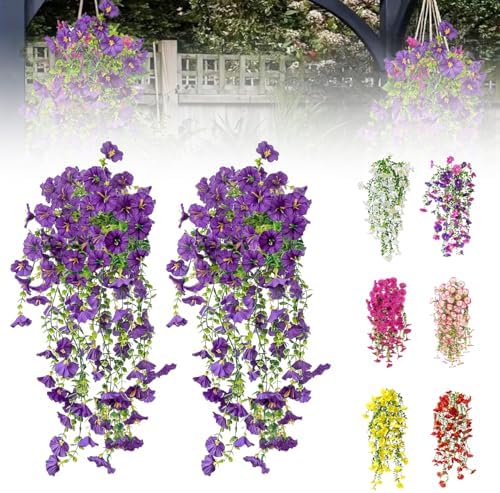 Artificial Flowers for Outdoors Fake Morning Glory Hanging Flower Decoration, 2 Pcs Realistic Faux Plants Petunias Trailing Vines, Spring Summer Decor for Porch Patio Balcony Planter Yard(Purple) by BloomwithJoy