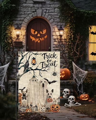 Happy Halloween Ghost Dog Garden Flag 12x18 Double Sided for Outside,Pumpkin Golden Retriever Fall Autumn Witch Hat Small Burlap Yard Flag for Outdoor Holiday Home Decor - Image 2