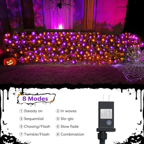WBao Orange Purple Halloween Lights Outdoor 200LED F8 Big Bulbs, 8.4ft x 5.2ft Halloween Net Lights with 8 Modes, Timer, Connectable, Waterproof & Dark Green Wire for Lawn, Bushes Outdoor Decorations - Image 3