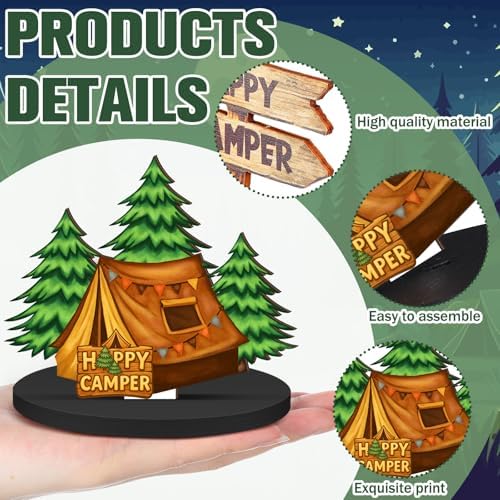 Wesiti 12 Pcs Camping Party Table Decorations Wooden Camper Centerpieces Camping Adventure Sign with Bases Table Topper Decor for Adults Tiered Tray Decor Party Favor - Image 3