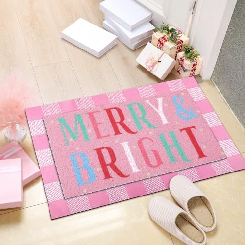 Drydiet 2 Pcs Christmas Doormat, Pink Merry & Bright Plaid Front Door Rug - Image 5