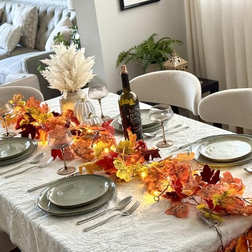 CQURE 2 Pack Fall Leaf Garland with Lights,Fall Decor Halloween Lights Artificial Maple Leaves Autumn Garland Hanging Vines Thanksgiving Decor for Home Christmas Autumn - Image 6