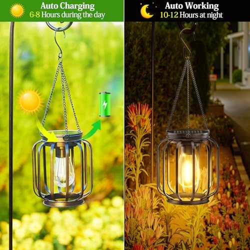 Solar Hanging Lanterns Outdoor: 2 Pack Metal Solar Hanging Lights with Hook, Bright - Warm Waterproof LED Lanterns for Outside, Classic Decorative Solar-Powered Light for Yard Garden Patio Porch Decor - Image 5