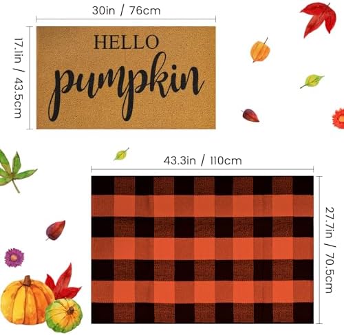 2 Pcs Fall Door Mat Combo Set Imitation Coir Welcome Mat, 43" x 28" Buffalo Plaid Rug Outdoor for Fall Halloween Thanksgiving Rustic Farmhouse Indoor Autumn Mats Hello Pumpkin (Orange and Black Plaid) - Image 2