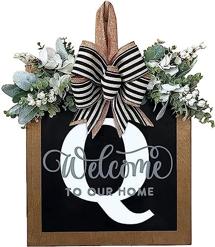 Last Name Year Round Front Door Wreath Front Porch Decoration 26 Letter Welcome Sign with Eucalyptus Garland and Bow Spring Wreaths for Front Door Outside Hanger Garland（Q） by YICORIP