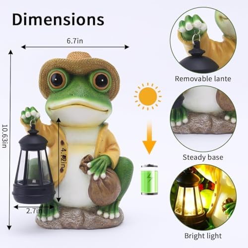 Solar Garden Outdoor Frog Statue 10 inches Tall - with Handheld Lanterns - Detachable - Patio, Balcony, Shelf, Tabletop, Lawn Decoration - Unique Housewarming, Birthday, Thanksgiving, Mom Gifts - Image 2