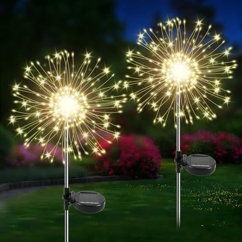 Solar Garden Lights Outdoor, 2 Pack 120 LED Twinkling Firework Lights Decorative with 2 Modes, Outdoor Waterproof Solar Starburst Light for Yard Pathway Planter Patio Decor, Warm White by Unknown