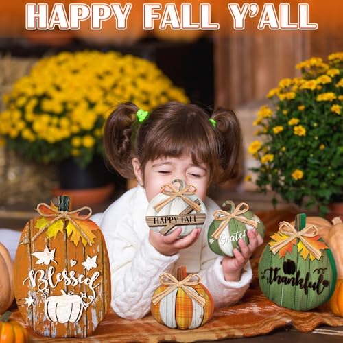 5 Pcs Fall Pumpkin Decor for Home Green Pumpkin Wooden Table Centerpiece - Image 5