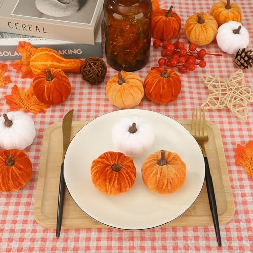18 Pcs Fall Artificial Velvet Pumpkins Fake Fabric Pumpkin Faux Foam Pumpkins Orange Yellow White Artificial Pumpkin Decorations for Fall Harvest Thanksgiving Halloween Farmhouse Table Centerpiece - Image 6