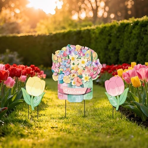 3Pcs Hello Spring Welcome Flower Yard Stakes Metal Floral Outdoor Decor, 2-in-1 Decorative Tulip Flower Sign for Garden Patio Yard Wall Hanging Floral Ornaments with Rope Rustic Spring Decor by WelcometoLawnIdyll
