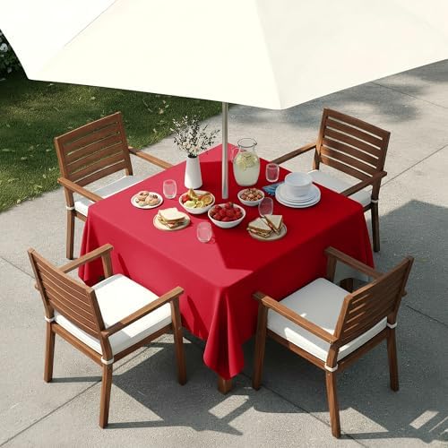 LUSHVIDA Square Outdoor Tablecloth with Umbrella Hole 60x60 Inch Red - Image 2