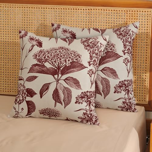 Burgundy Red Pillow Covers 24x24 Inch 2 Pcs Boho Vintage Floral Decor Throw Pillows Hydrangea Flower Seasonal Outdoor Farmhouse Neutral Accent Decoration Pillowcase Linen Cushion Cover for Sofa - Image 2