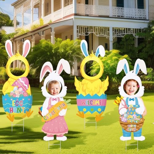 Chunful 4 Pcs Easter Face Yard Outdoor Decorations Large Bunny Chick Lawn Sign with Stakes Waterproof Happy Easter Yard Signs for Egg Hunt,photography, Spring Outdoor Lawn Garden Decor by Chunful