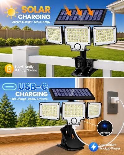 Clip on Solar Lights Outdoor, 3000LM Flood Lights with Motion Sensor,USB-C - Image 4