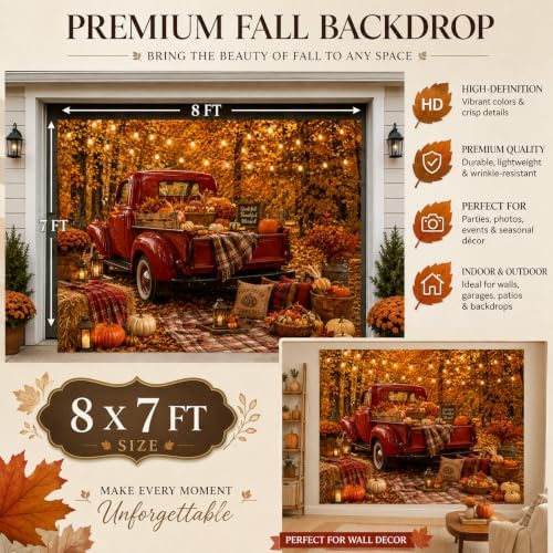 Fall Thanksgiving Garage Door Decoration 8x7Ft Vintage Red Truck Pumpkin Maple Leaf Background Banner Autumn Harvest Thanksgiving Garage Door Decorations for Home Outdoor Party Decor - Image 2