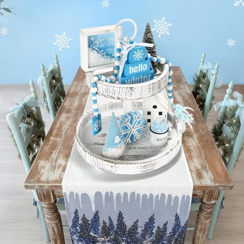 Winter Decoration for Home Office 8 PCS Blue Winter Tiered Tray Decor Set - Image 3