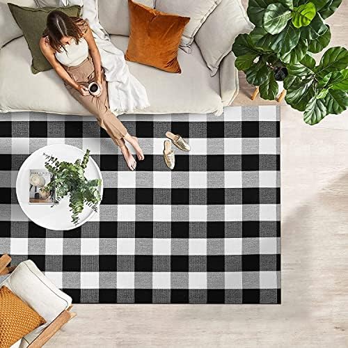 IOHOUZE 4x6 Buffalo Plaid Outdoor Rug, Washable Front Porch, Black White - Image 3