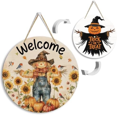 Scarecrow Fall Halloween Reversible Decor for Front Door Outside by FREHVN