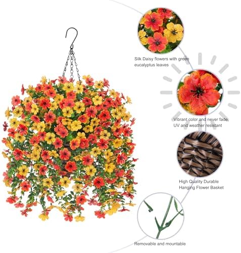HyeFlora Artificial Hanging Flowers Basket for Outdoor, Fake Flowers Faux Plants Look Real for Yard Gardens Porch Patio Home (Orange+Yellow) - Image 2