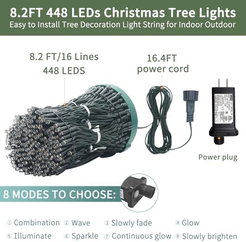 VIL Christmas Tree Lights with Ring,8.2Ft 16 Line 448 LED Green Wire Fairy Waterfall String Light Plug in,Dimmable Cascading Lights with 8 Lighting Modes for Indoor Outdoor Xmas Tree(Multicolor) - Image 7