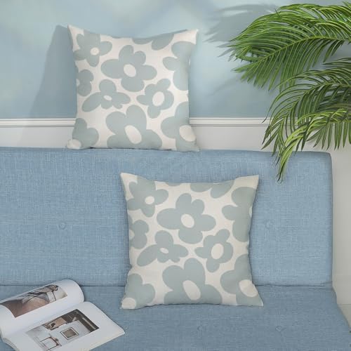 Light Blue Pillow Covers 18x18 Inch Set of 2 Baby Blue Cute Floral Throw Pillows Daisy Flower Decor Outdoor Pillow Cases Linen Spring Summer Farmhouse Decoration Cushion Cover for Couch Sofa - Image 4