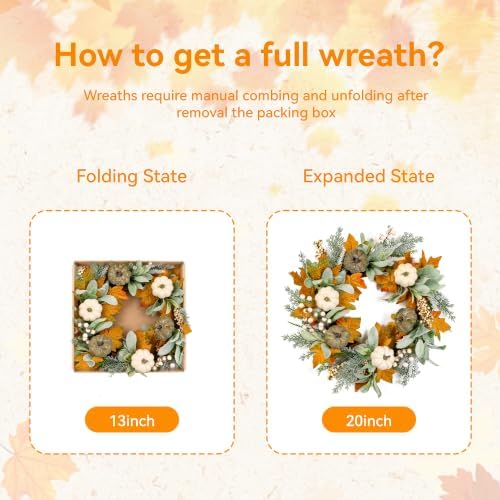 Pinkpum 20" Fall Wreath for Front Door Pumpkin Lambs Ear Wall Decor Autumn - Image 2