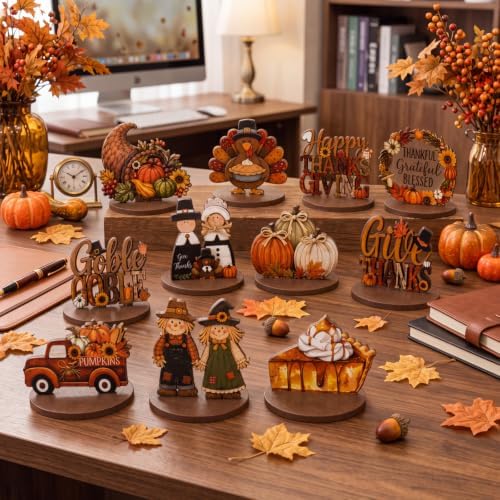 12 Pcs Fall Thanksgiving Table Decor Turkey Scarecrow Wooden Centerpiece - Image 7