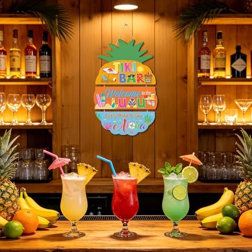 IARTTOP Tiki Bar Pineapple Wooden Hanging Sign 11.4x16.1" Hawaiian Luau Aloha Outdoor Wooden Plaques Decor Tropical Summer Pool Welcome Door Hanger Decor for Patio Backyard Bar Party - Image 3