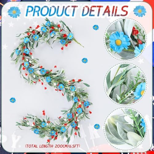 6.5 Ft Patriotic Garland Red White Blue Flowers Garland for Memorial Day Independence Day and Veterans Day 250th Anniversary Artificial Flora Decor for Fireplace Door Home Mantle Table - Image 3