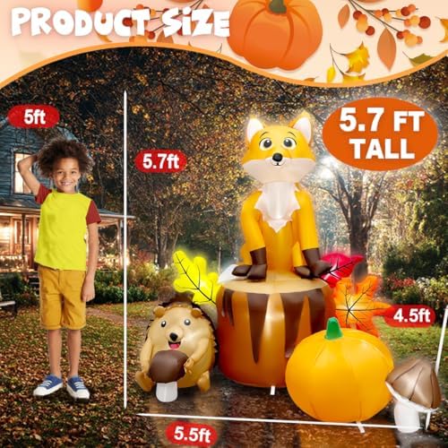 5.7ft Fall Inflatable Thanksgiving Fox and Hedgehog with Pumpkin Outdoor Decorations, Large Blow Up Yard Decorations with Maple and Mushroom, LED Lighted Home Indoor Decor - Image 2