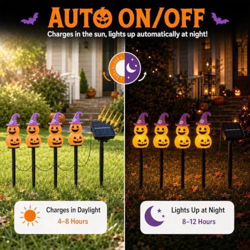 Halloween Decorations Solar Garden Lights, 4pcs Magic Hat Pumpkin Path Lights with 8 Lighting Modes, Waterproof Yard Light, LED Santa Claus Gift for Yard Path Decor (Orange - Pumpkin) - Image 5