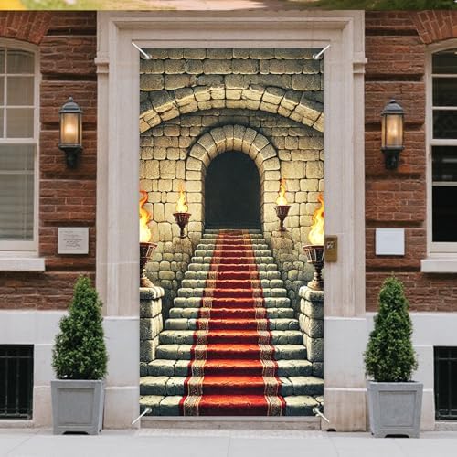 INV Medieval Fantasy Door Cover 35x71 Inch Double Sided Mysterious Door Decoration with Stone Arch, Red Carpet & Torch Flames for Indoor Outdoor Castle-Themed Party Decor - Image 2