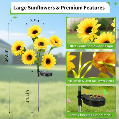 Sunflower Solar Lights Outdoor, Garden Decor, 4 Pack - Image 2