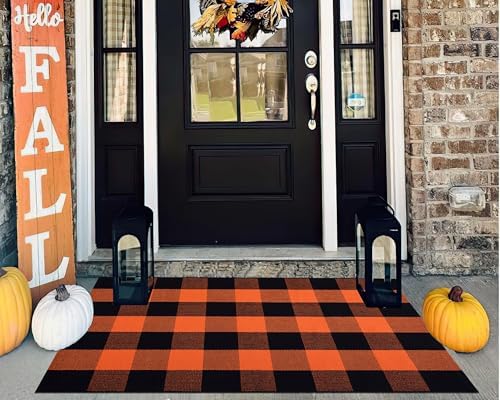 Fall Door Mat Outdoor 27.5"x43.3",Orange Black Halloween Layered Doormat by BUAGETUP