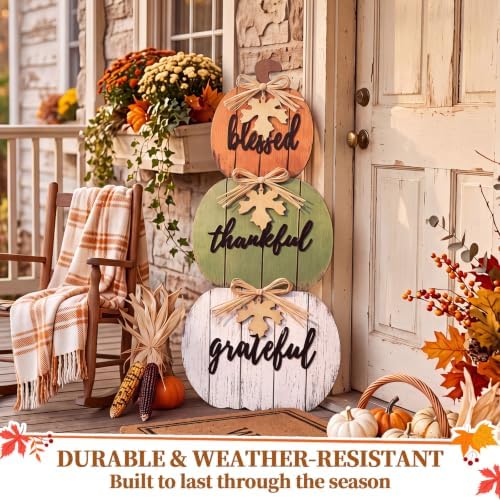 Threehoney 35 Inch Fall Stacked Pumpkins for Porch Wooden Outdoor Standing Pumpkin Decor Thanksgiving Harvest Farmhouse Sign for Yard Front Door Garden Patio Outdoor(Thanksgiving,Rustic Color) - Image 6
